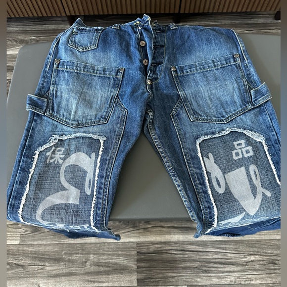 Evisu Cargo Jeans - Distressed Broken Knee - White Logo Patch - Picture 2 of 5